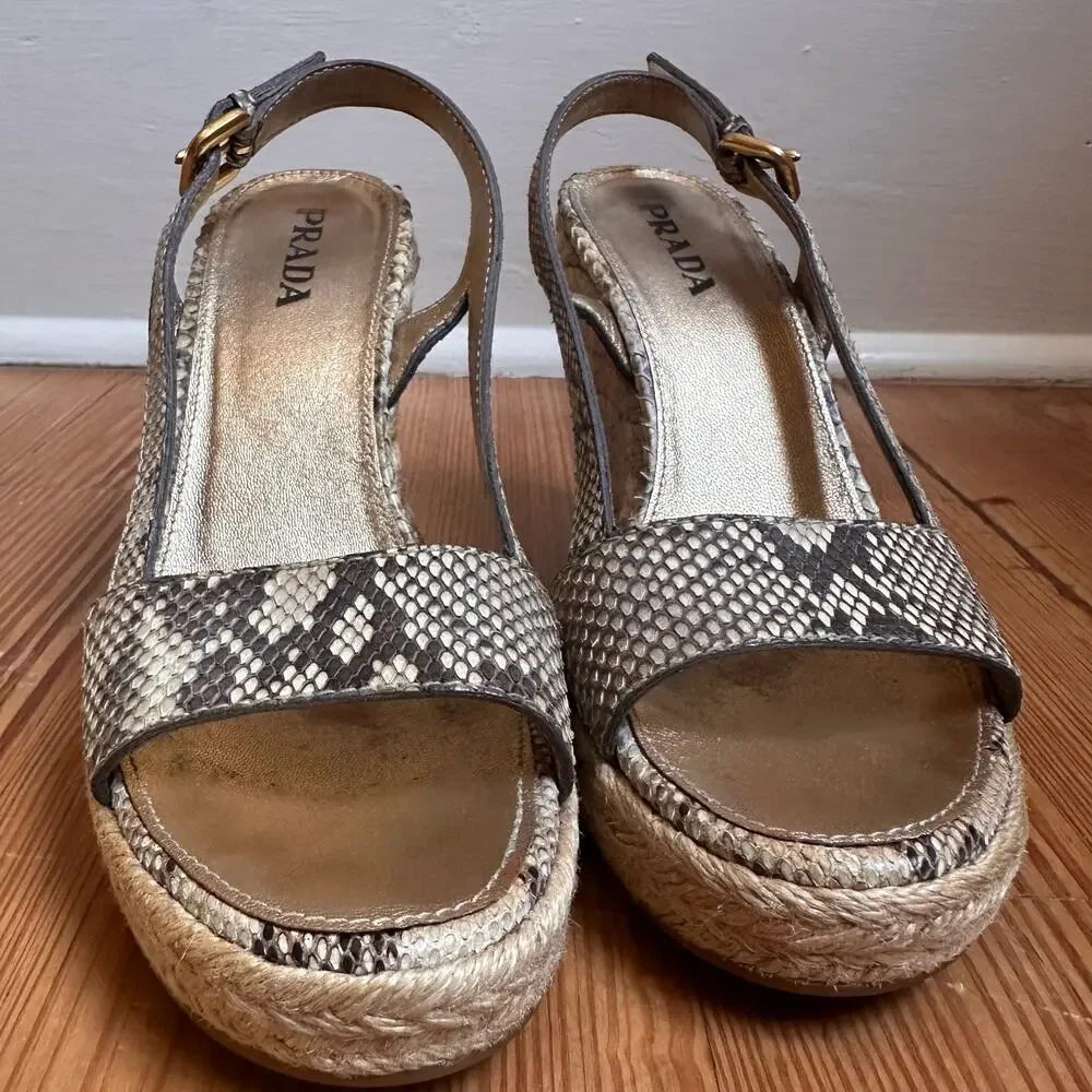 Prada Woven Espadrille Wedge Sandals in Taupe Snake Print - Picture 2 of 9
